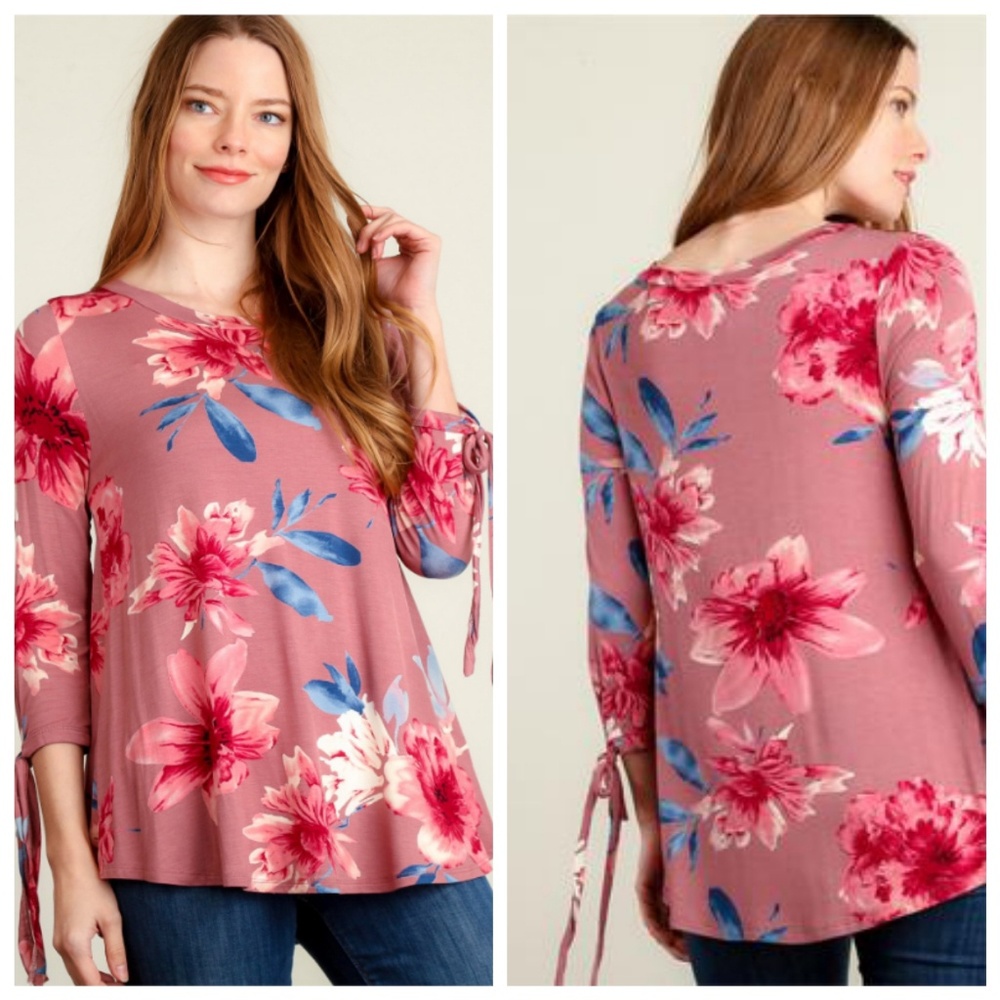 Mauve Floral Tie Sleeve Blouse